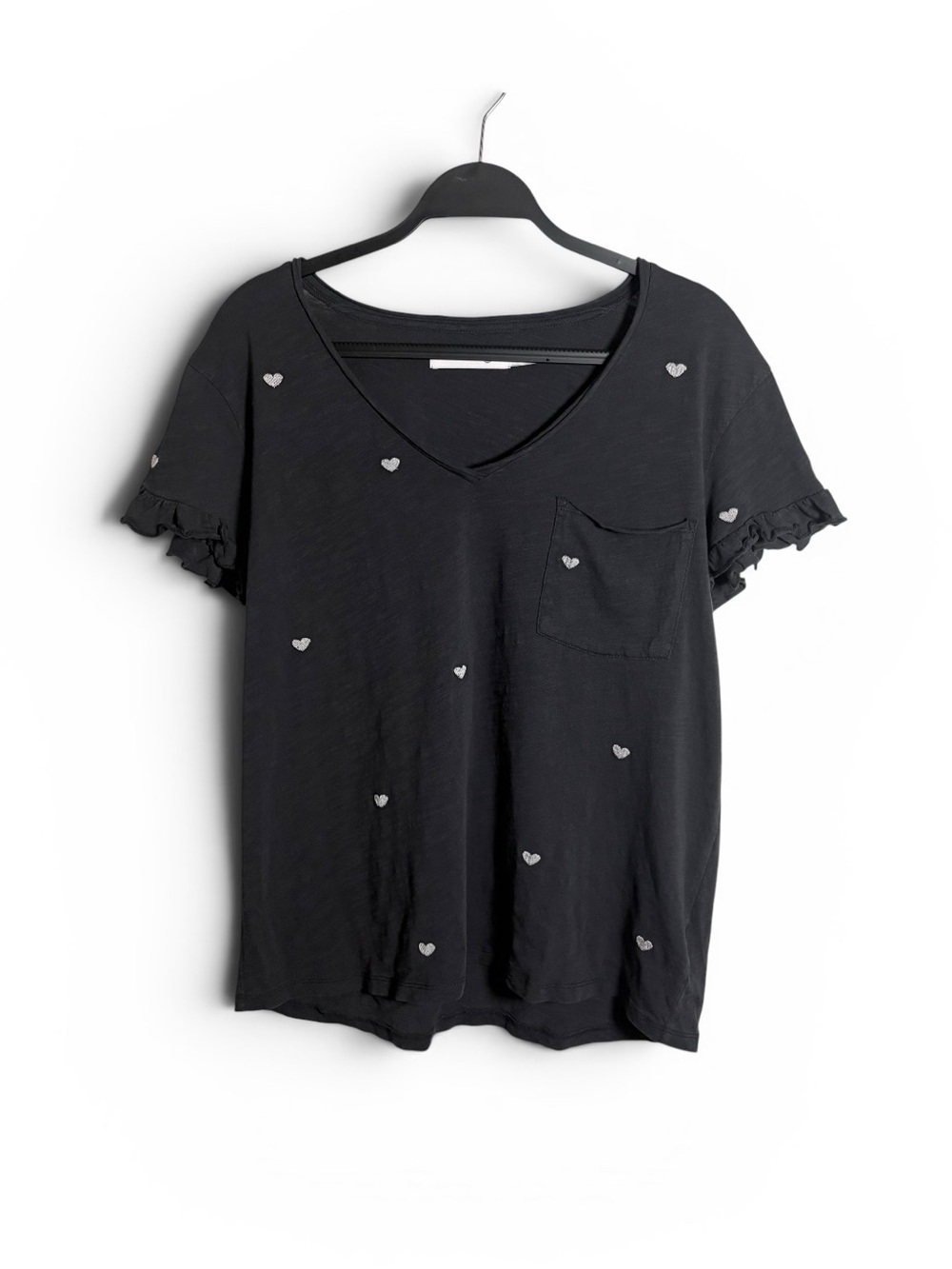 Billy T Black V-Neck Heart Print Embroidery Short Sleeve Pocket Tee